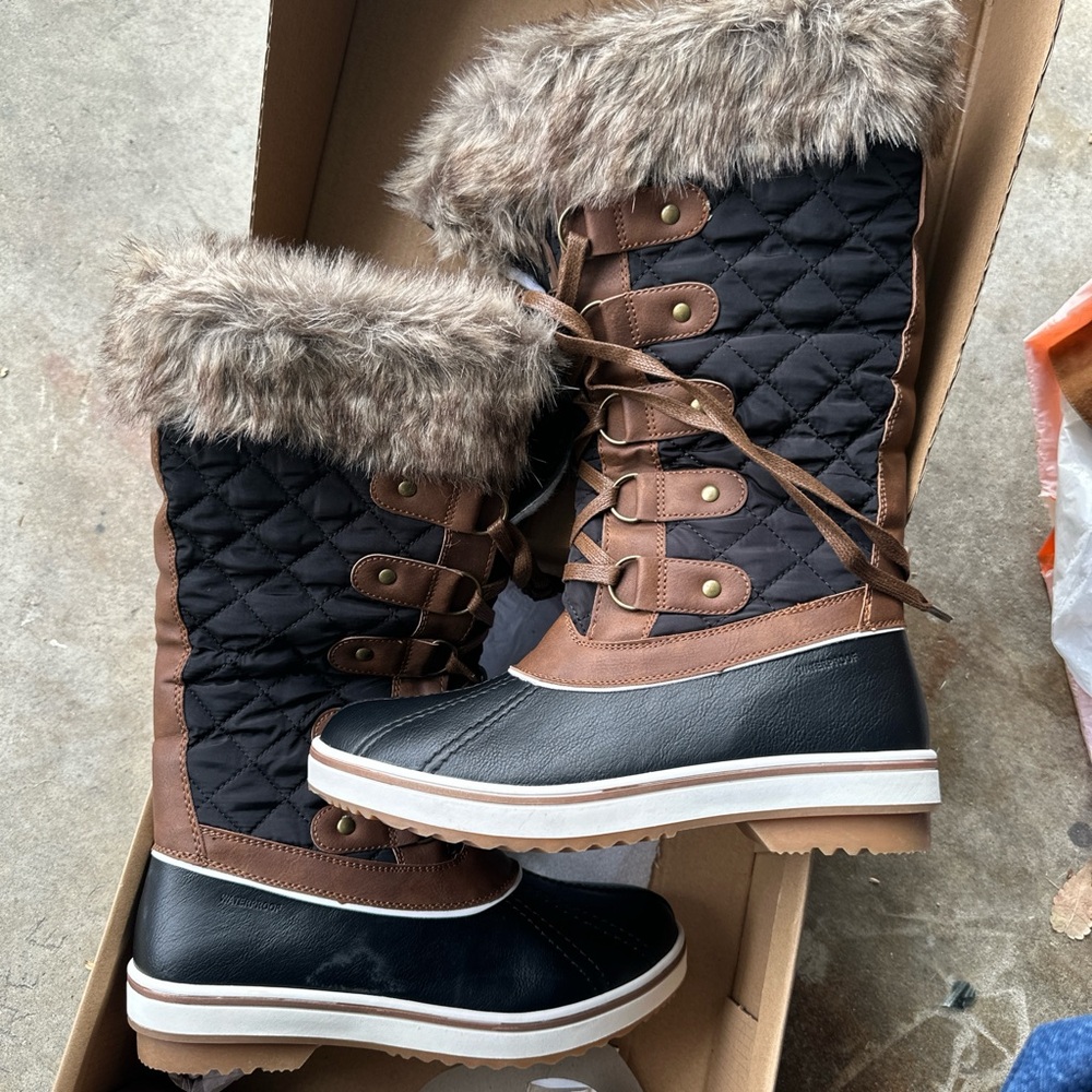 Cozy Quilted Winter rain snow Boots with Faux Fur Trim